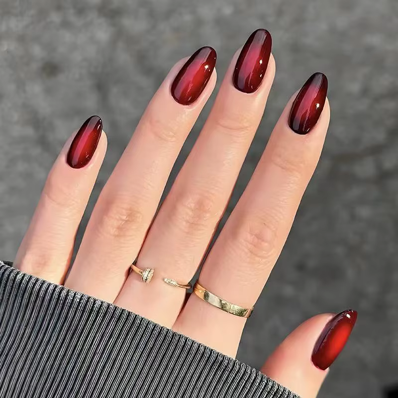 24PCSShiny – faux ongles ovales dégradés rouge vin, texture œil de chat foncé et clair, manucure sim