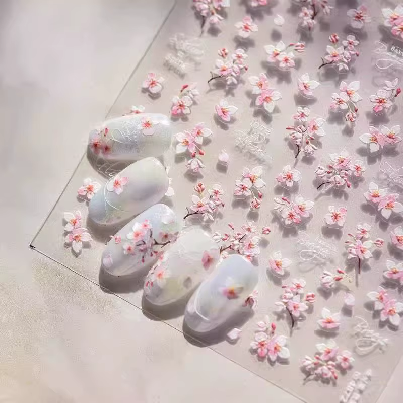 Autocollants 5D en relief pour ongles, motif fleur de cerisier, auto-adhésifs, pour manucure DIY, co