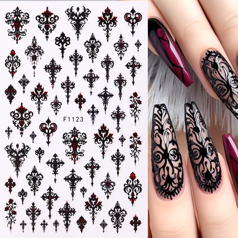 Autocollant gothique noir pour ongles, modèles élégants de mariage, feuilles adhésives effrayantes p