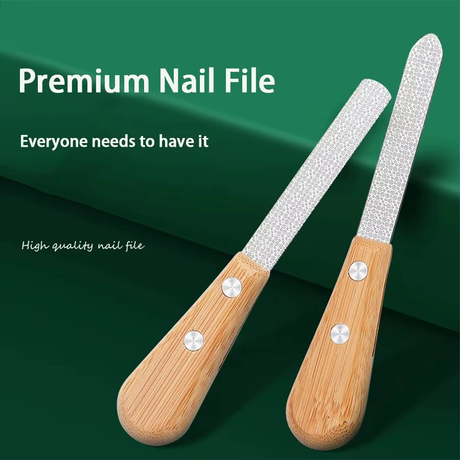 Lime à ongles Double face en acier inoxydable, avec poignée en bambou, outil de polissage des ongles