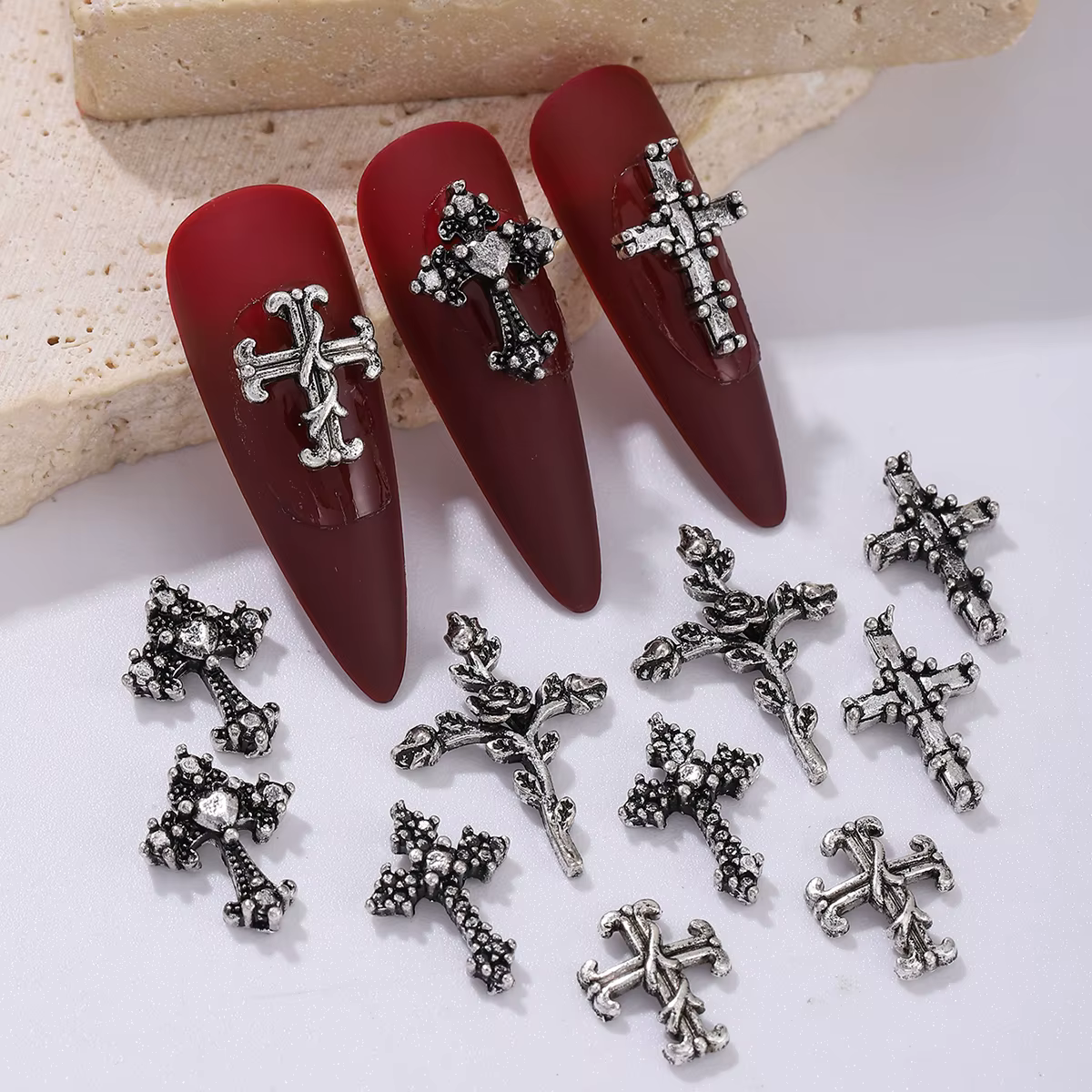 Décoration d'ongles en forme de croix de vent punk argenté antique, strass en alliage, style métal y