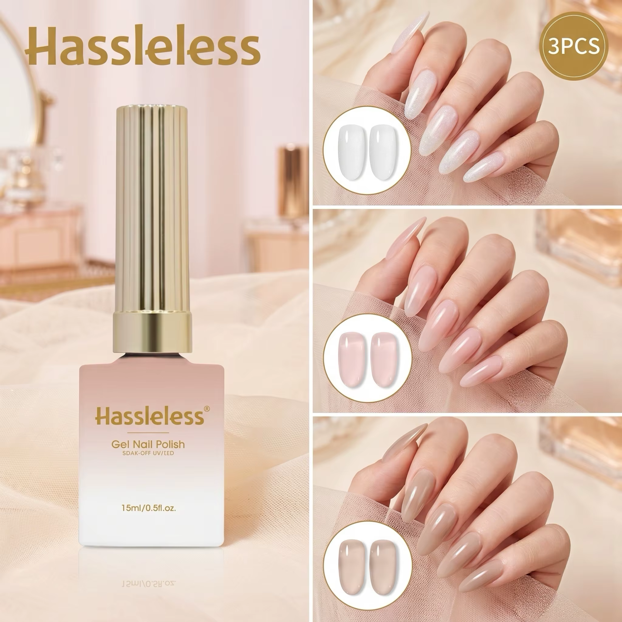 Ensemble de vernis à ongles en gel nude et transparent sans tracas (3 couleurs) : Blanc laiteux nacr