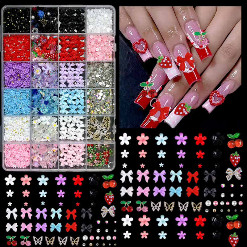 Ensemble de breloques pour Nail Art, bricolage, avec rubans, nœuds, fleurs, cerise, fraise et papill