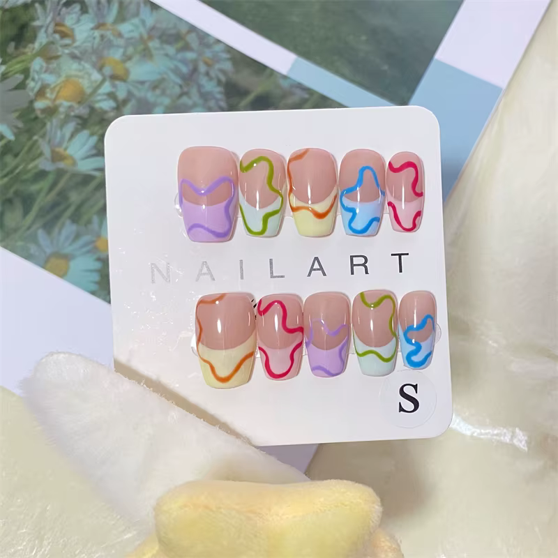10 pièces à la main coloré français presse sur ongles Macarone Puzzle conception faux ongles faux ma