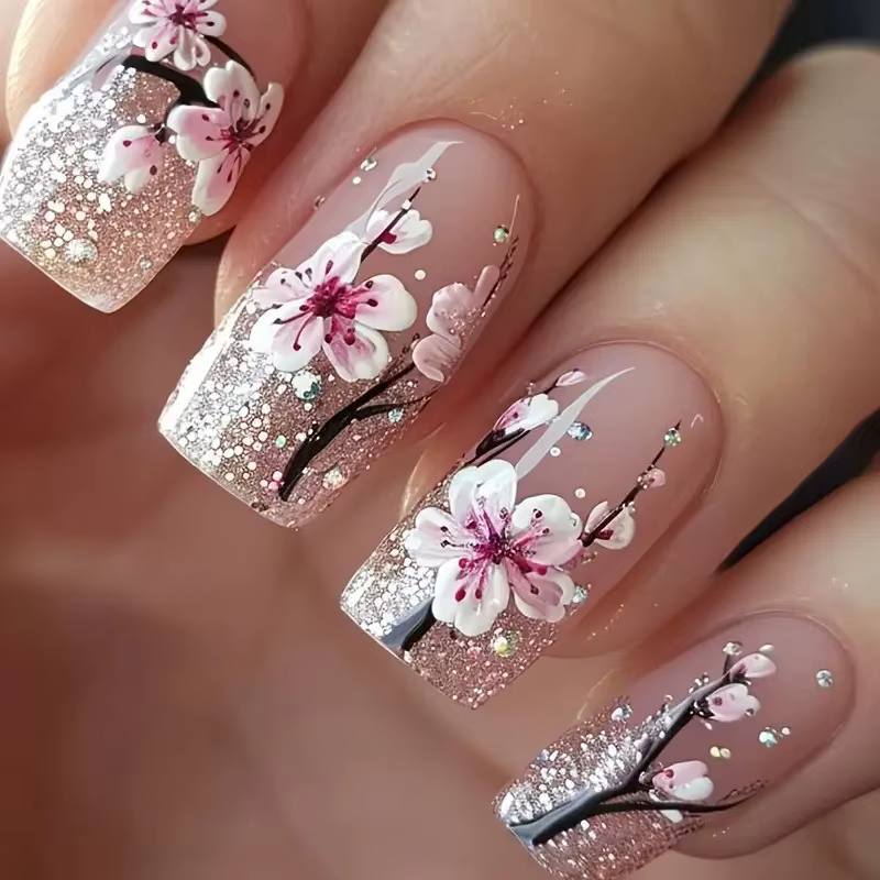 24 pièces/ensemble faux ongles mi-longs fleurs de dragon jaunes conception de plumes pour le printem