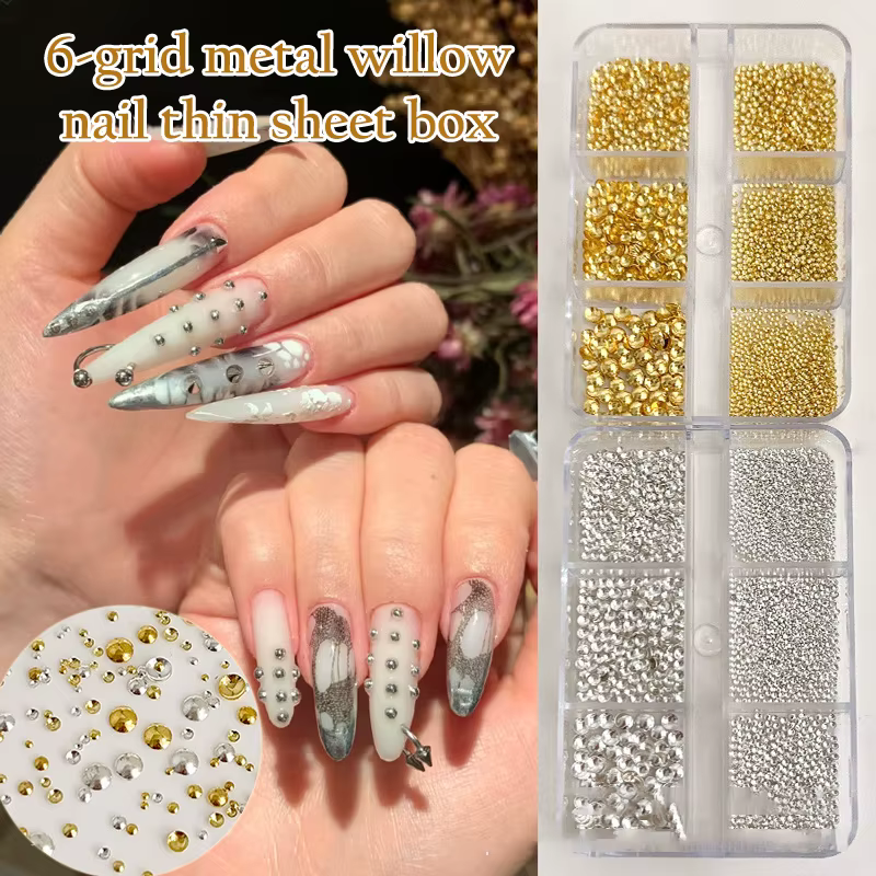 6 grille/boîte or argent demi-rond Rivets breloques pour ongles 0.8-3mm dos plat rond métal perle d'