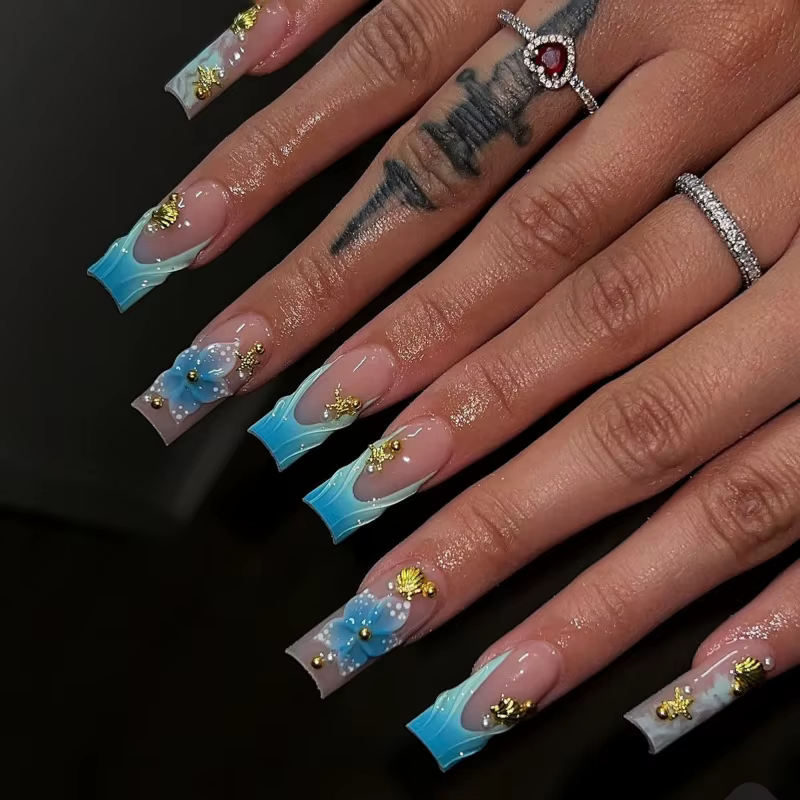24 pièces Simple français presse sur faux ongles court carré presse sur ongles fleur strass faux ong