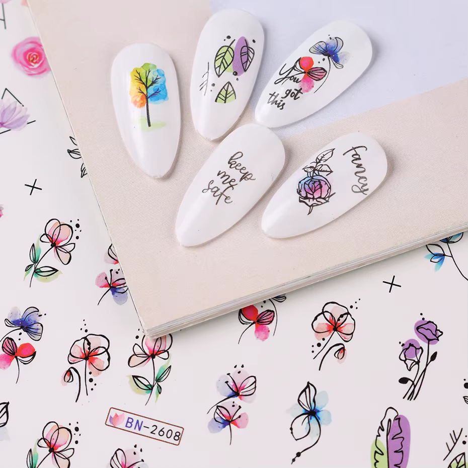 Autocollant de fleurs d'encre pour Nail Art, 12 pièces, décalcomanie d'eau d'été, fleurs en fleurs, 