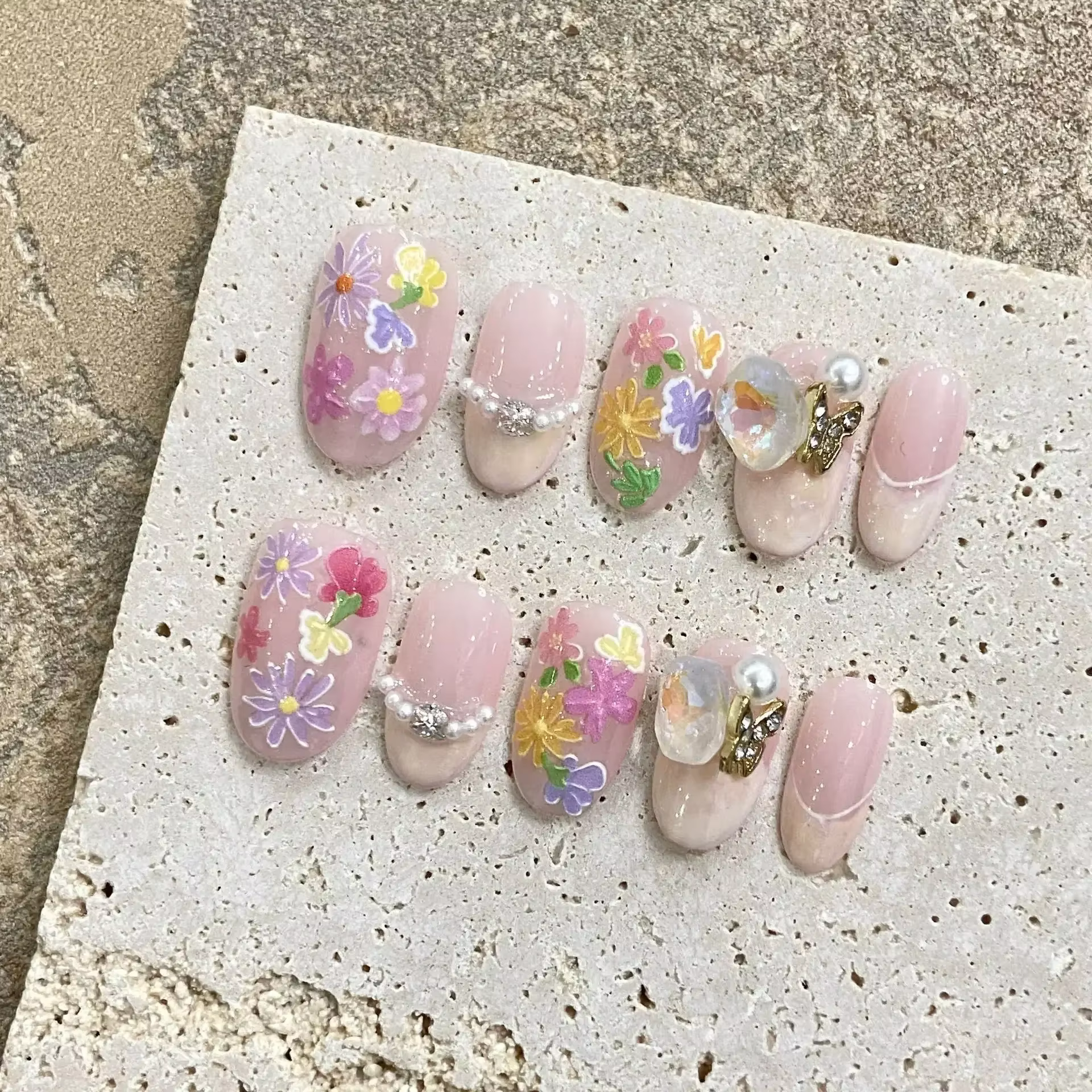 10 pièces court fait à la main rose presse sur les ongles printemps français strass couverture compl