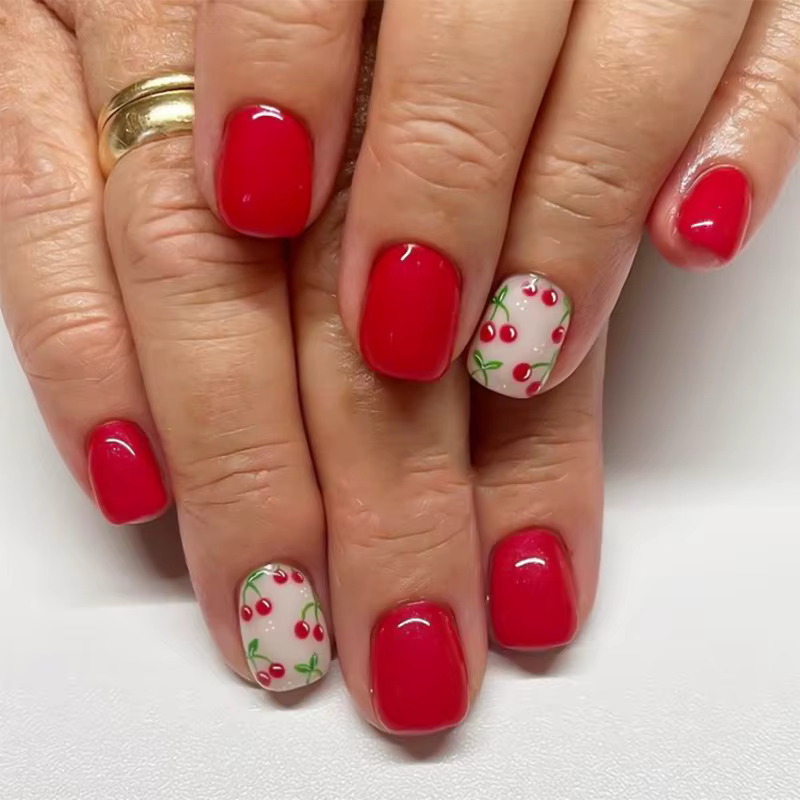 Faux ongles à presser en amande, motifs rayures colorées et pois, thèmes Myrtille, Citron, Cerise, R