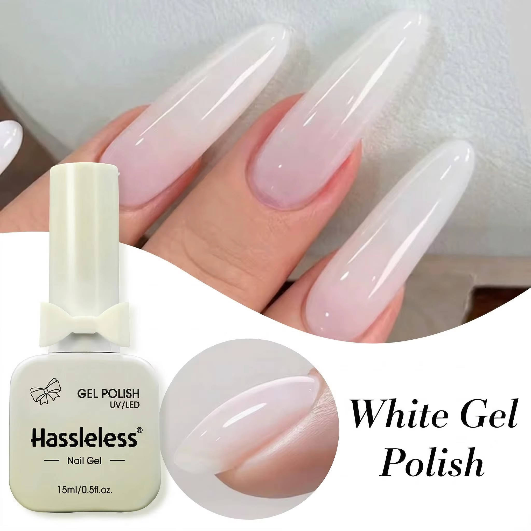 Vernis à ongles en gel blanc laiteux Hassleless 15 ml, semi-transparent, semi-permanent, amovible, v