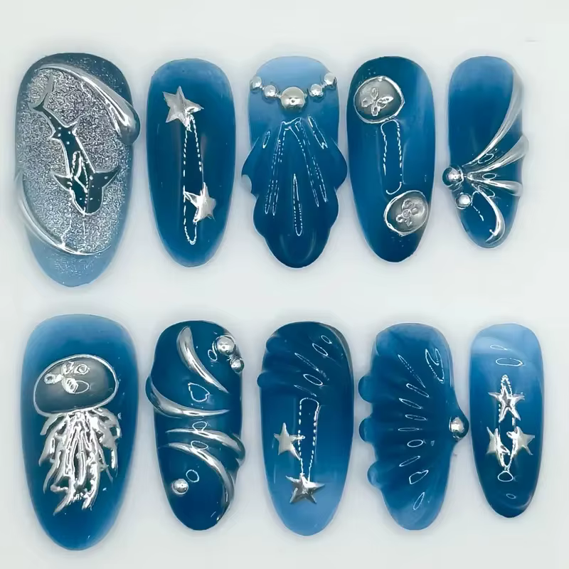 10 pièces à la main faux ongles Art océan coquillage Design bleu mi-long ovale faux ongles conseils