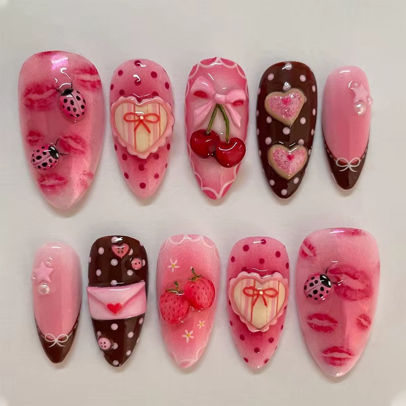 Faux ongles colorés d'été en amande, 24 pièces, avec fleurs 3D, peintures de plage, à pression, couv