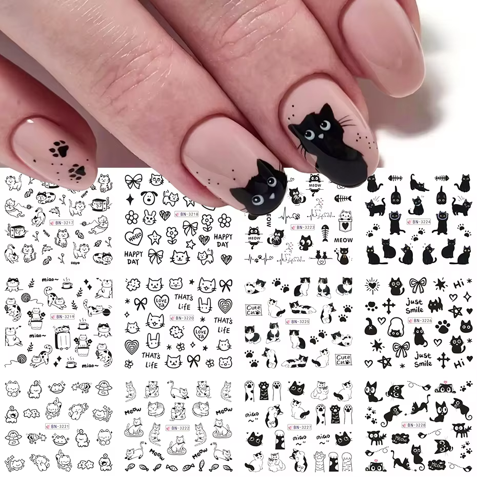 Autocollants à l'eau pour ongles chat noir, 12 modèles, décalcomanies mignonnes de dessin animé Kawa