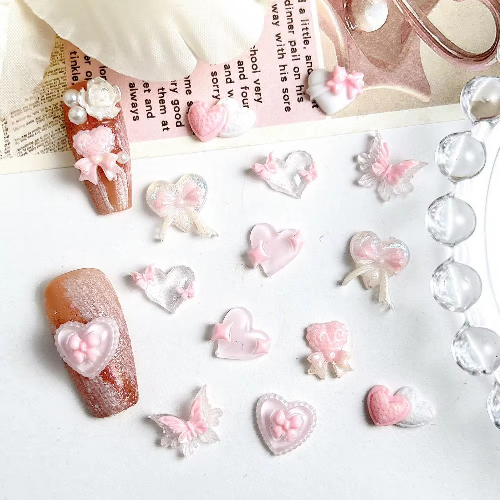 Breloques pour ongles en résine, nouvelle série rose, nœud en forme de cœur, 3D, lumineux, Double pa