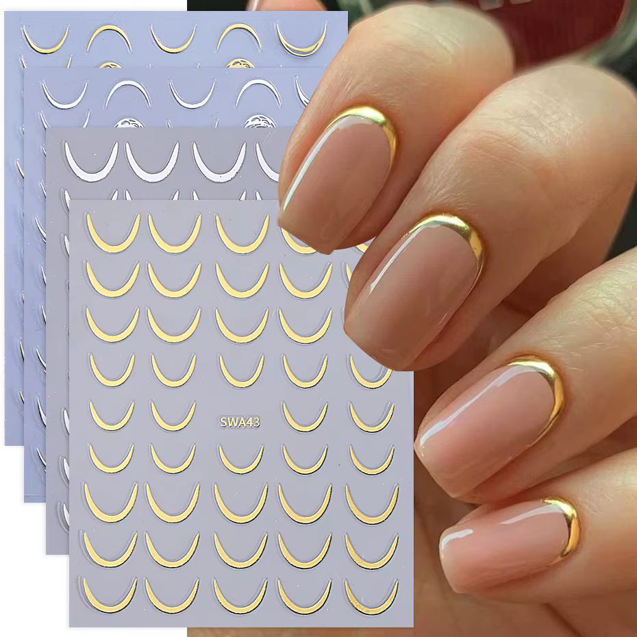 Autocollants pour ongles croissant de lune, auto-adhésifs, sourire français, ligne rayée, Design, dé