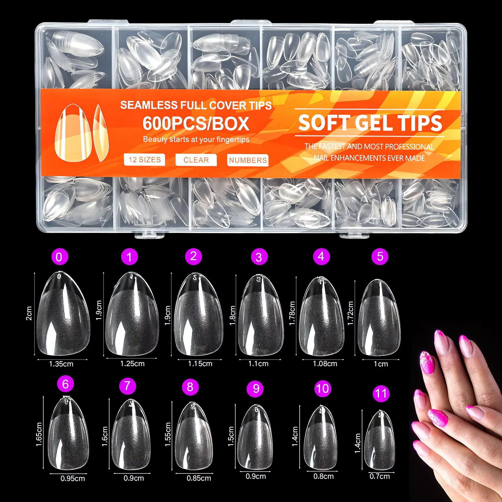 600 pièces/boîte Capsules d'ongles artificiels semi-mates, formes Amande et Cercueil, à couvrance to
