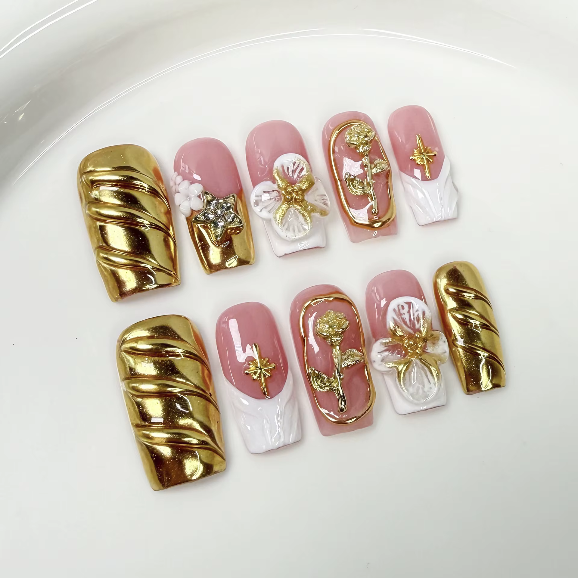 Faux ongles français en acrylique, motifs de fleurs roses douces, cercueil fait à la main, presse su