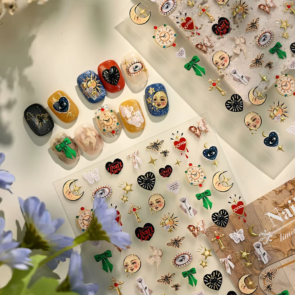 Autocollants pour ongles de visage européen, Design d'horloge solaire, lune et cœur, abeille, autoco