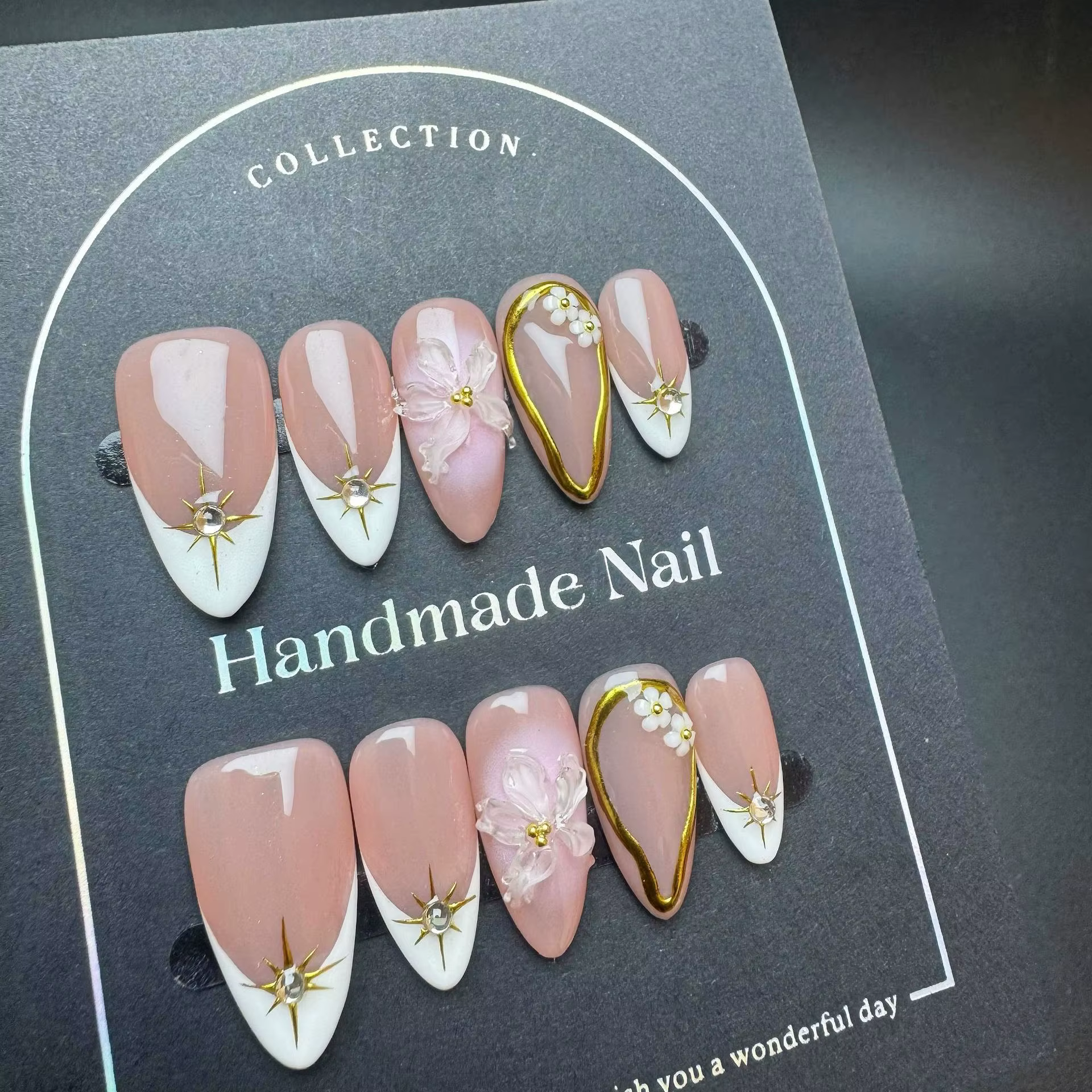 10 pièces à la main français presse sur ongles bord blanc conception amande faux ongles réutilisable