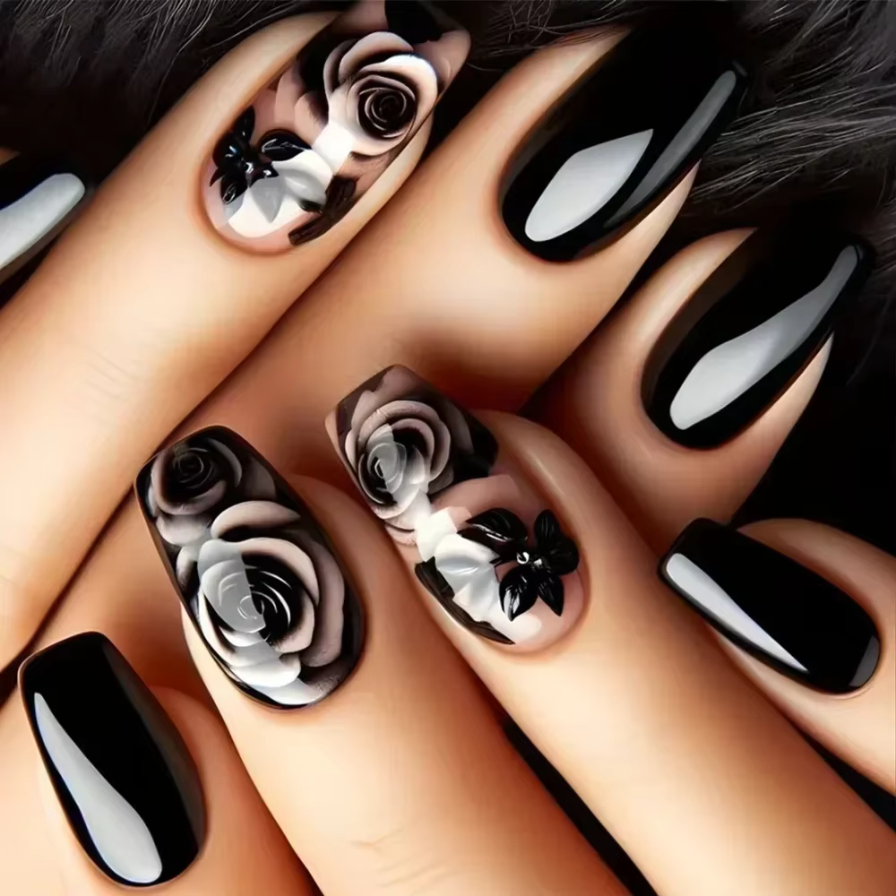 Faux ongles courts noirs solides, 24 pièces, avec motif de Rose, ballerine carrée artificielle, couv