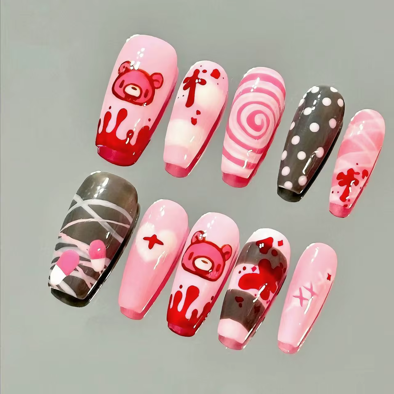 Ours sombre presse sur ongles moyen Long Stiletto mignon Kawaii Design à pois motif Unique faux ongl
