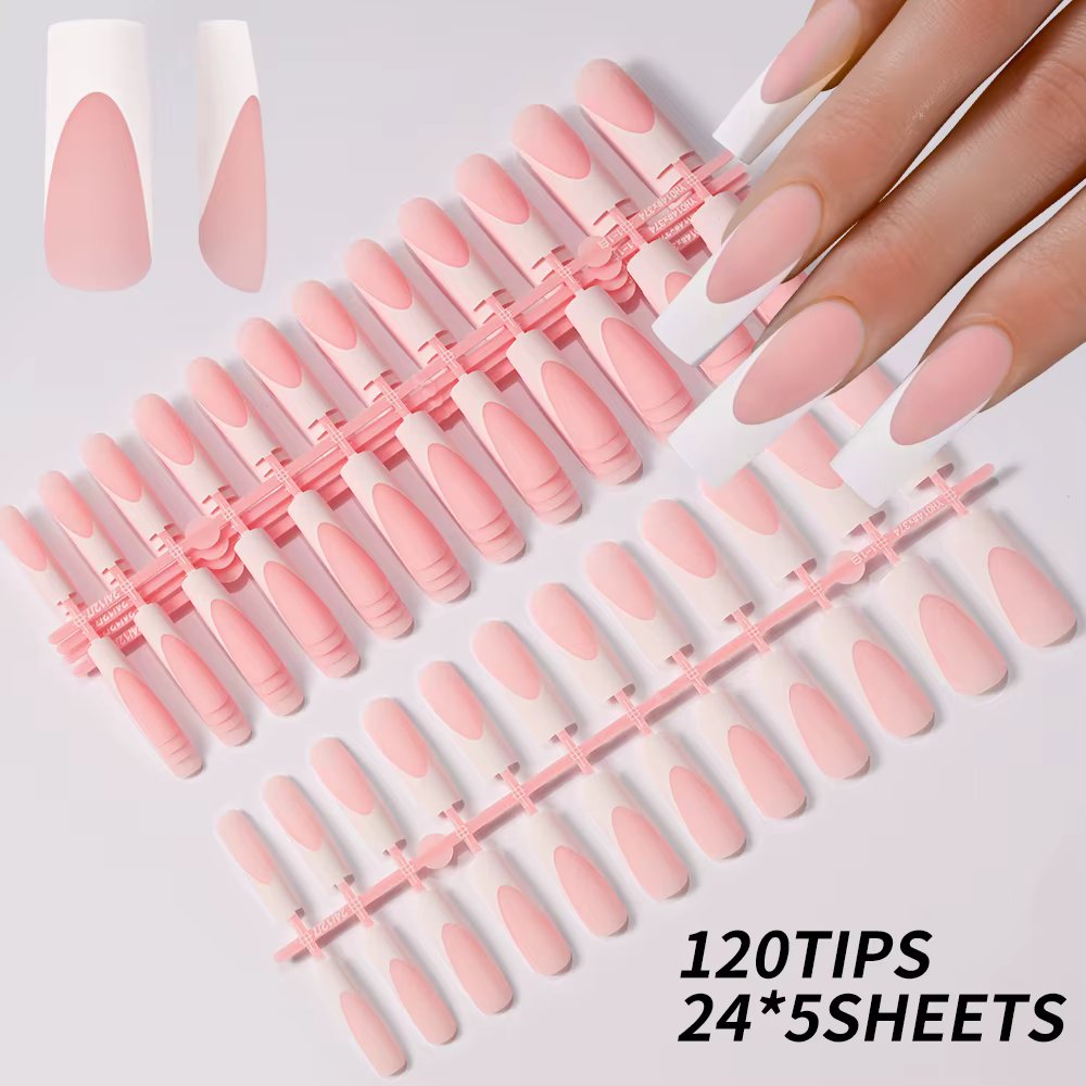Faux ongles français longs et carrés, bord blanc, cercueil de Ballet portable, couverture complète,