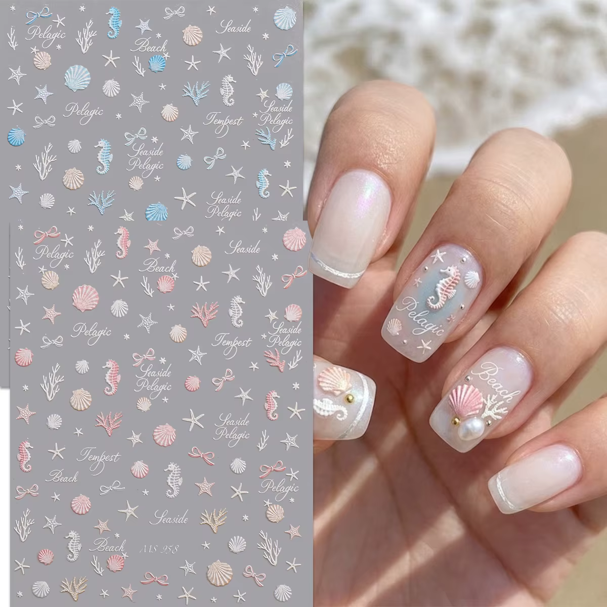 Autocollants pour ongles Coquillages Océaniques Aurora - Décorations 3D en relief Étoiles de mer et 