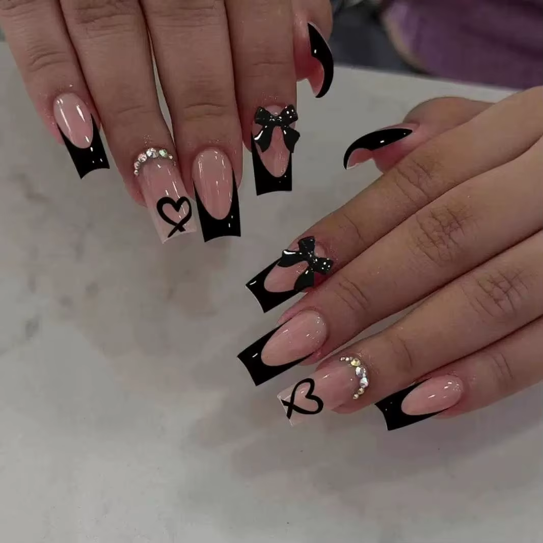 Faux ongles longs noirs à presser, style français, avec nœud et strass, style européen de luxe, amov