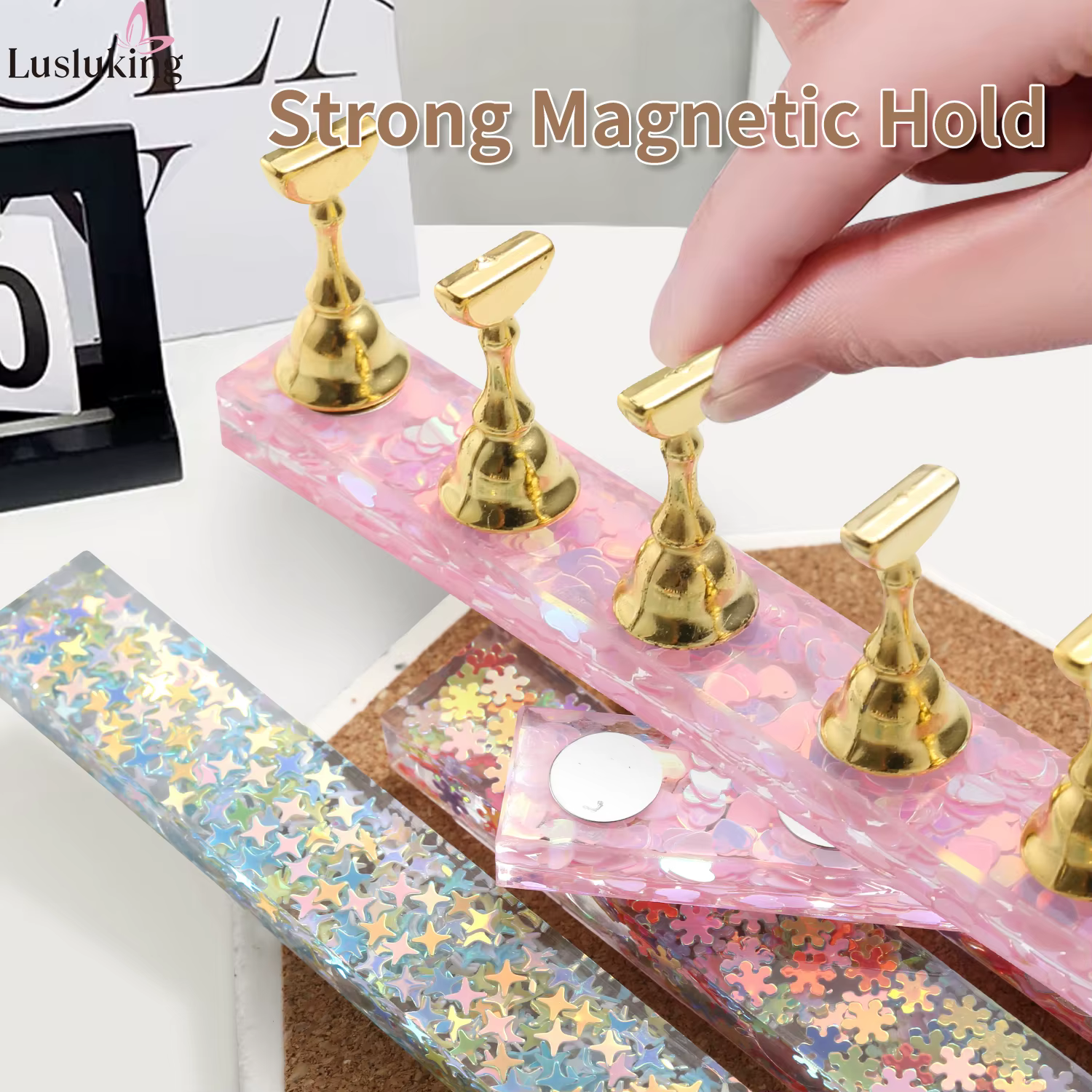 Support magnétique pour ongles en acrylique, motif cœur rose irisé, pour présentation et entraînemen
