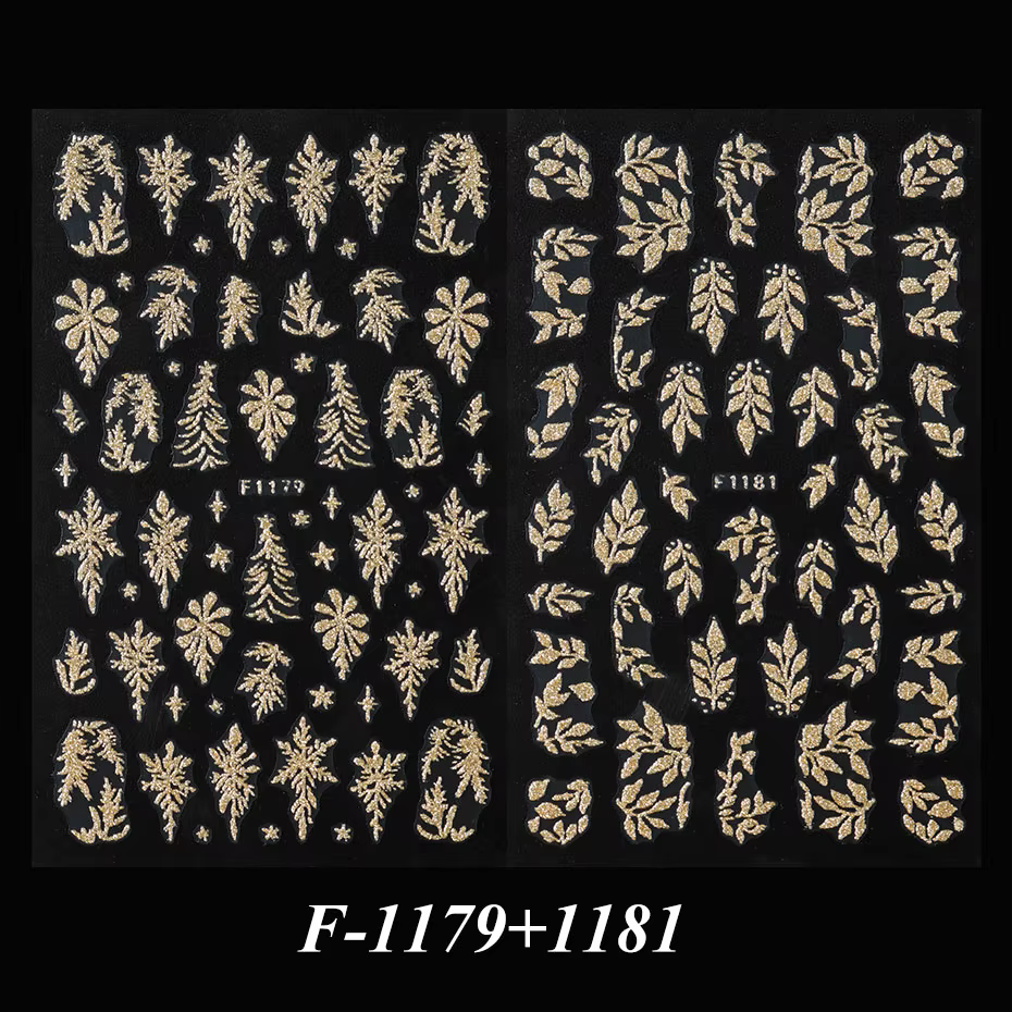Autocollants pour ongles en forme de feuilles dorées scintillantes, arbres de Noël brillants, flocon