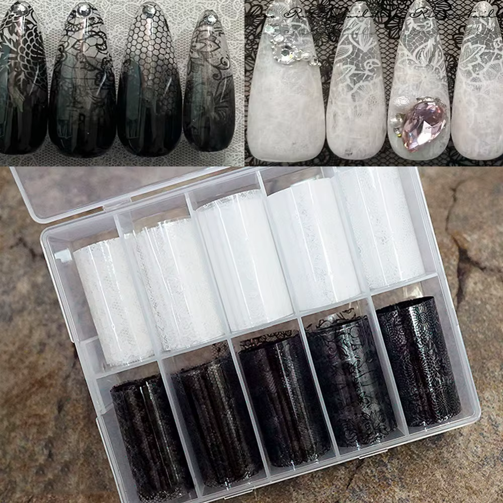 Autocollants de transfert d'ongles en dentelle noir et blanc, 10 rouleaux/boîte, enveloppes complète