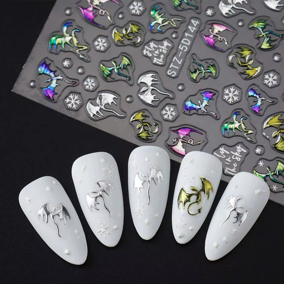 1/2 pièces 5D en relief métallique coloré Dragon ongles autocollants flocons de neige auto-adhésif b