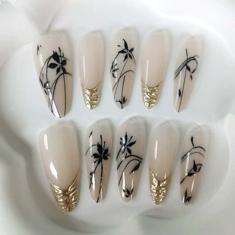 10 faux ongles élégants pour femmes, style français, longs, en forme d'amande, avec silhouette de ba