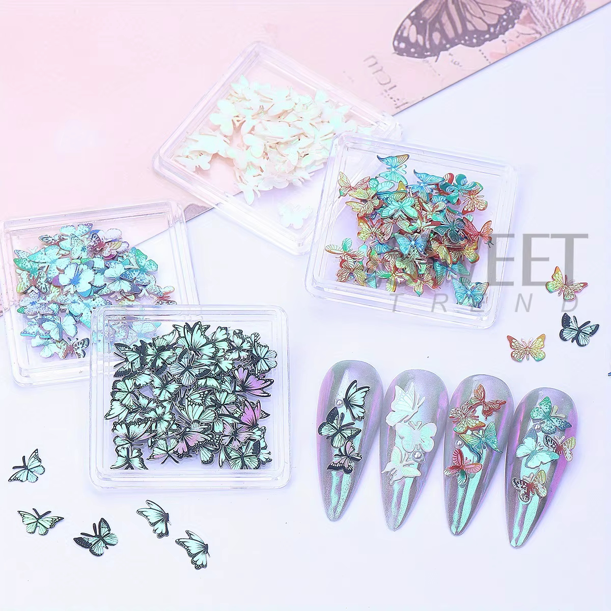 Pâte de bois papillon Laser, décoration d'ongles, ailes holographiques, Design, bijoux d'été, flocon