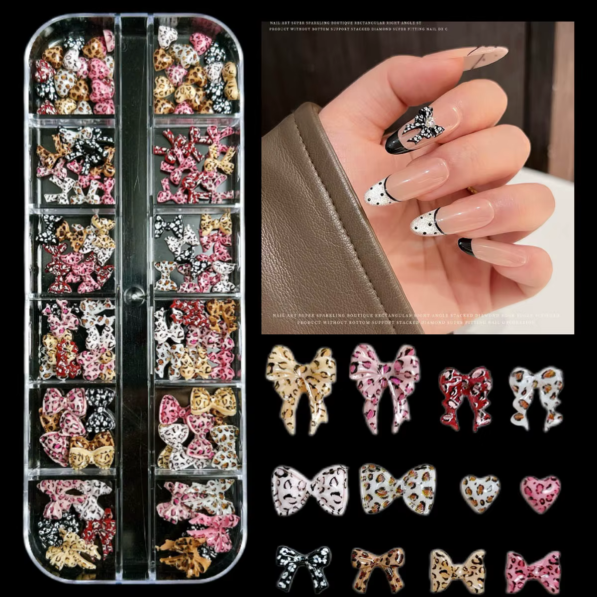 1 boîte vente chaude imprimé léopard ruban arc résine ongles breloques 3D fond plat coloré tacheté c