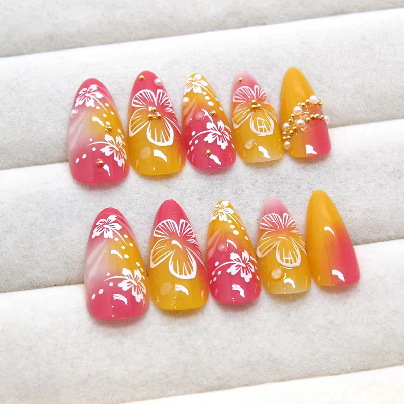 24 pièces fleur blanche faux ongles conseils Ins jaune rose Blush faux ongles portable couverture co