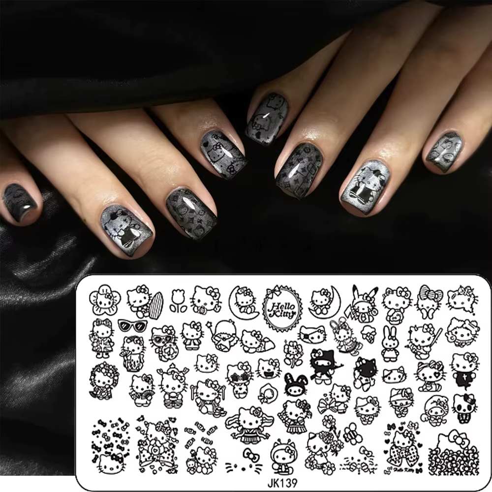 1 plaque de stamping Hello Kitty en acier inoxydable, motif points de pois, pour nail art, plaque de