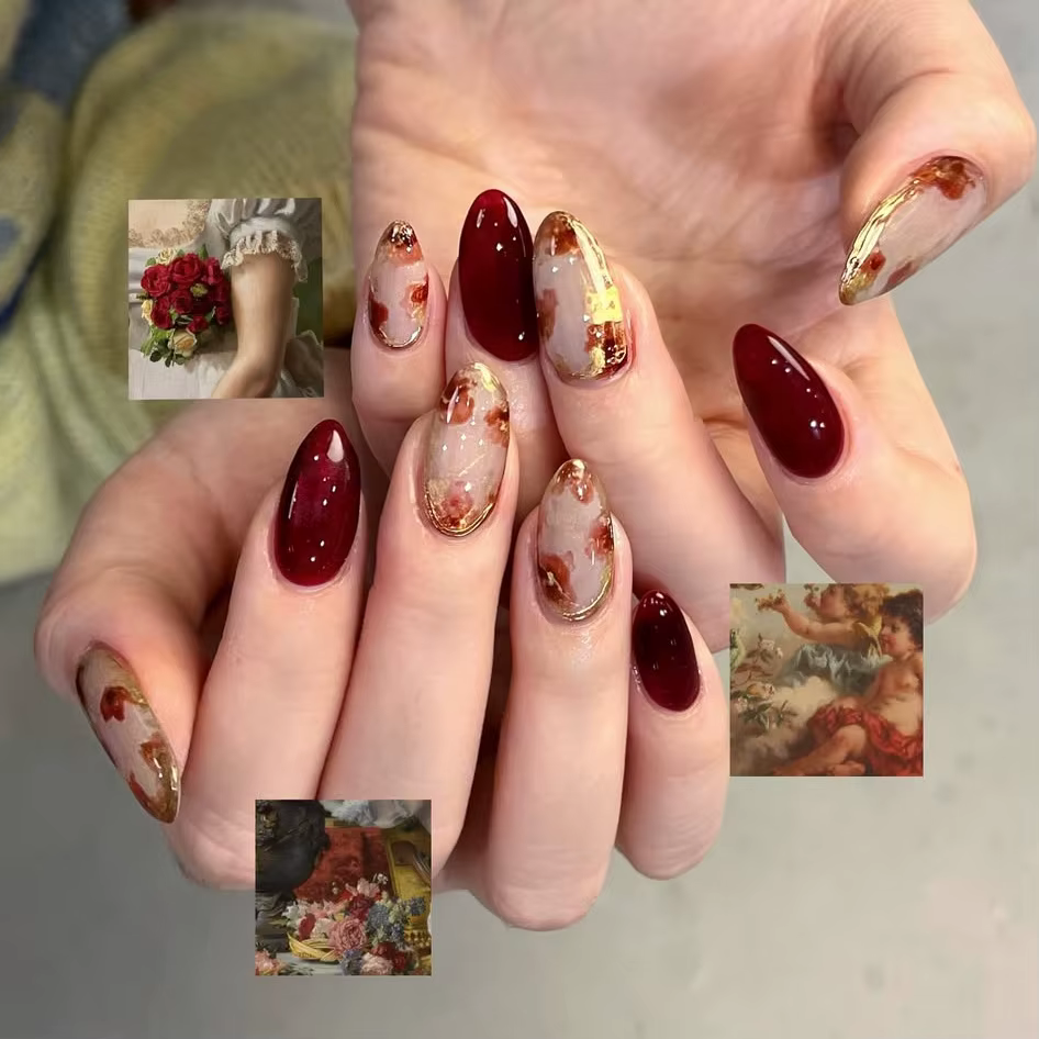 24 pièces vin rouge amande faux ongles Art tache fleur conception courte presse sur ongles conseils