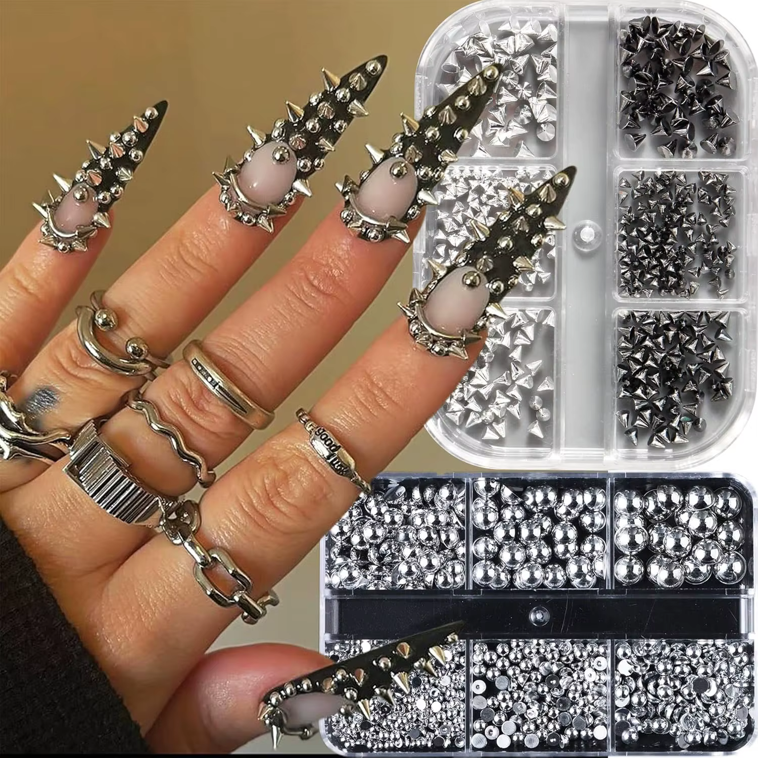 Mini clous d'art d'ongle Punk en métal 3D, tailles mixtes, pointes de cône or noir, Rivets en alliag