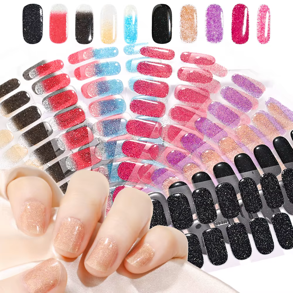 Autocollants pour ongles semi-durcis noirs français, 16 pointes, avec paillettes, Gel UV longue duré