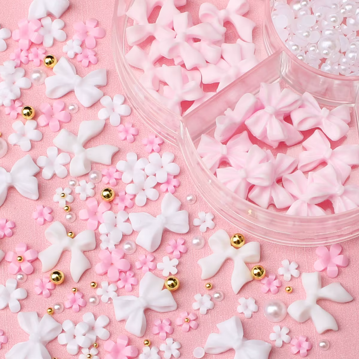 Kit de décorations pour ongles avec nœud floral 3D, 1 boîte, rose/blanc, acrylique Floral/perles de 