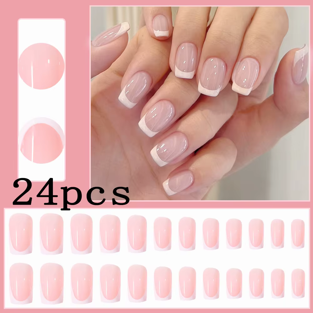 48 pièces/ensemble Faux ongles à presser roses nude et blancs, style French, pour mains et pieds, br