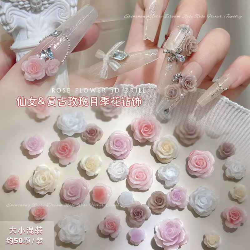 50 pièces 3D mélange de tailles belles fleurs de roses en fleurs résine adhésive Nail Art strass déc