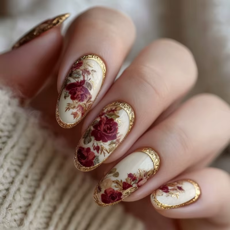 24 pièces ongles à pression avec amande Rose plaquée or Design Floral classique ongles de Style pein