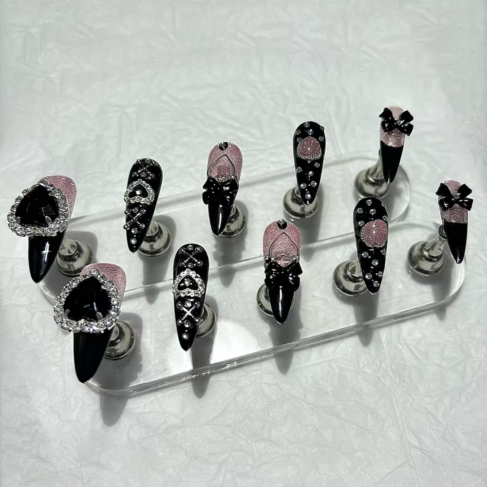 10 pièces Y2K Gyaru Kei noir rose longue pointe à la main presse sur les ongles Jirai arc amour diam