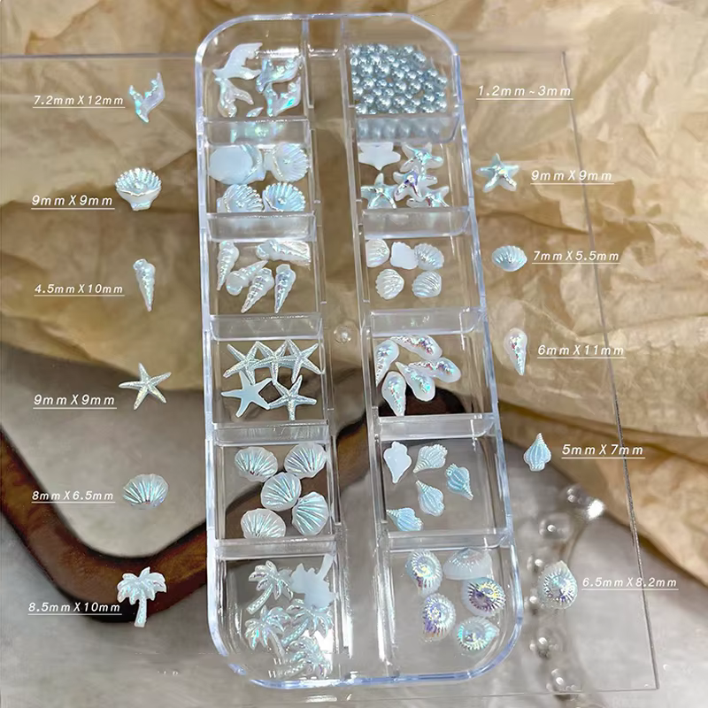 【M】12 compartiments/boîte, breloques pour ongles bleues et blanches, coquillages, étoiles de mer, qu