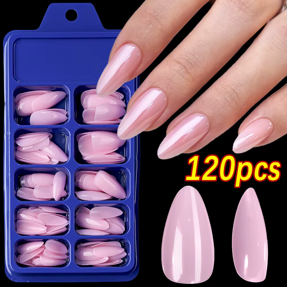 120 pièces/boîte brillant rose faux ongles moyen amande Simple couleur unie presse sur ongles Gel do