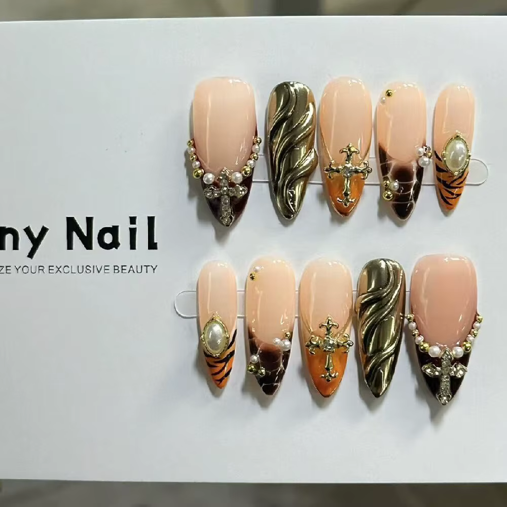 Faux ongles gothiques doux, Base nue, croix en métal, perles, strass, Design à pression, ABS, léger,