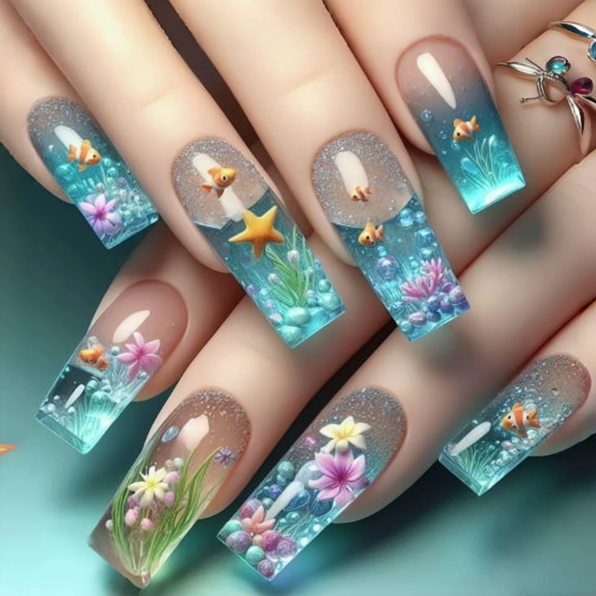 24 pièces/ensemble faux ongles mi-longs dégradé bleu océan poisson soleil fleurs papillon carré ball